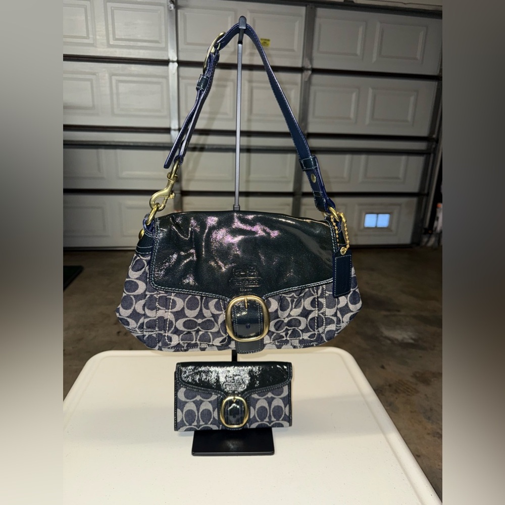 Coach Navy and Gray Signature Bag with matching wallet